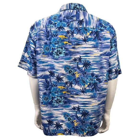 Vintage Hawaiian Shirt High Sierra Large Floral Palm Tree Blue Cotton Aloha Wear - Picture 3 of 4